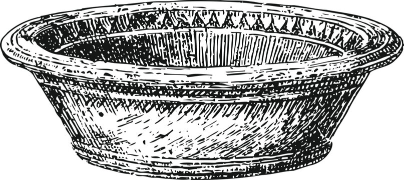 Vintage round metal bowl with decorative rim, hand drawn kitchenware illustration
