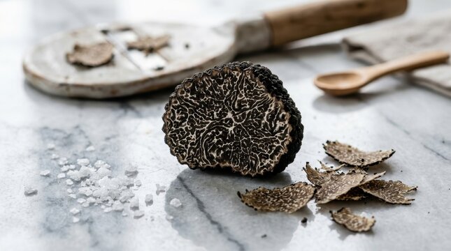 A macro view of a fresh truffle cross-section on marble, the dark interior showing the intricate white marbling of the gleba network threading through black flesh in fractal