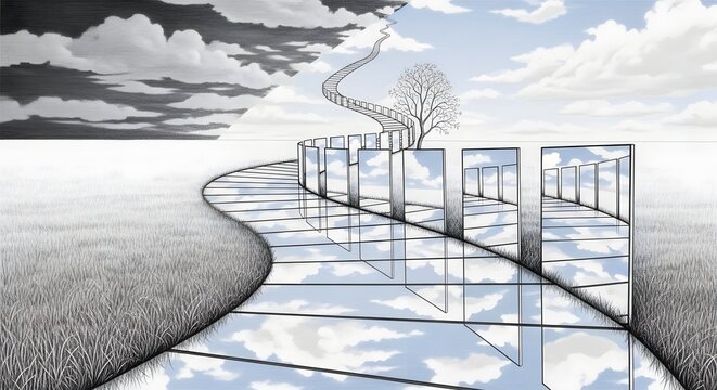 Surreal walkway reflecting a split sky, symbolizing a path between contrasting realities and futures