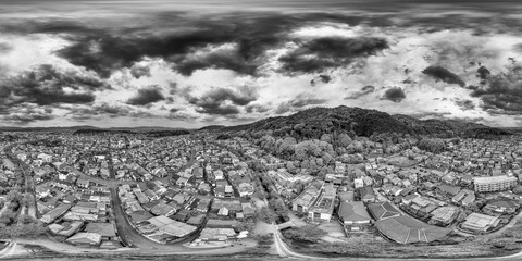 Fototapeta premium Full drone panorama of Kyoto from Philosopher’s Path, highlighting historic streets, river views, and urban landscape
