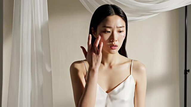 Young east asian woman gently examining her clean skin on her face in a softly lit studio for beauty and skincare routines.