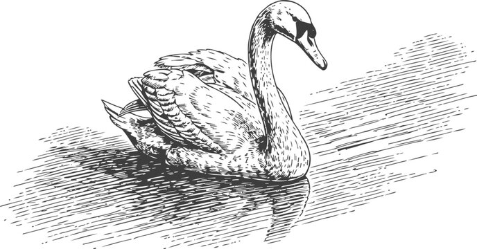 Black and white vintage illustration of a graceful swan swimming on the water surface with detailed feather and ripples