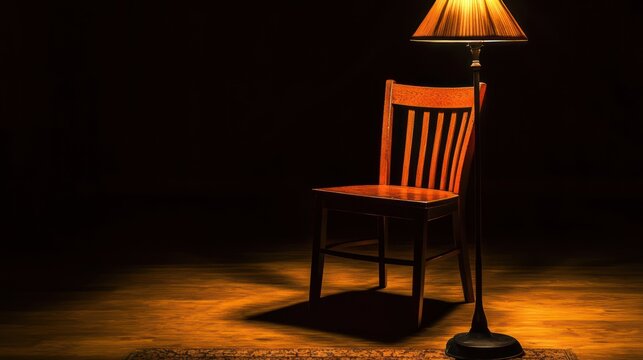 Wooden chair lit by floor lamp in dark room