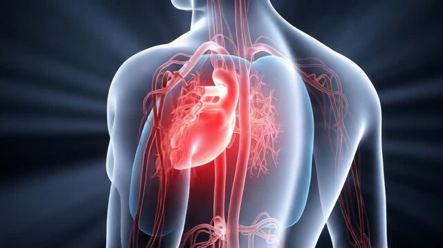 Human heart highlighted in glowing red showing major blood vessels