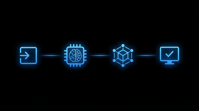 Neon blue icons representing data processing and verification on a black background with a brain chip and 3d structure