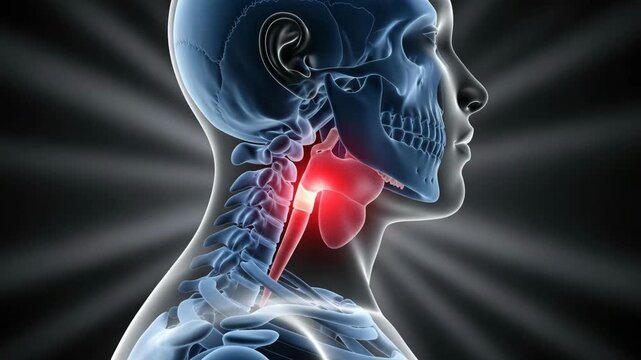 Close up of human throat and larynx x-ray with red pain indicator