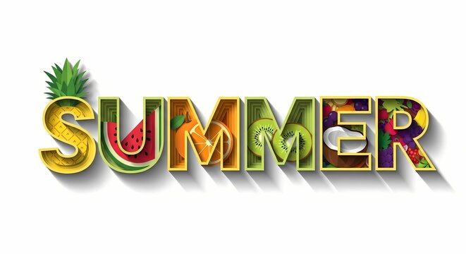 Vibrant 3D text 'SUMMER' filled with various colorful fruits like pineapple, watermelon, oranges, kiwi, and berries, casting a shadow on a white background.