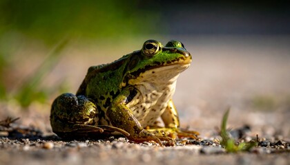 Obraz premium Green frog sitting on the ground, focused and alert.
