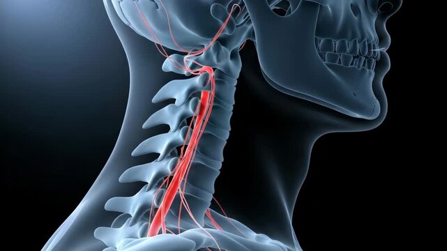 Side view of human neck cervical spine with highlighted red nerves