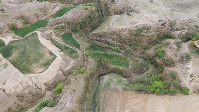 Cinematic Drone Flight Over Irrigated Farmland and Eroded Ravines, aerial view of deep stream winding through wheats crops and cultivated land