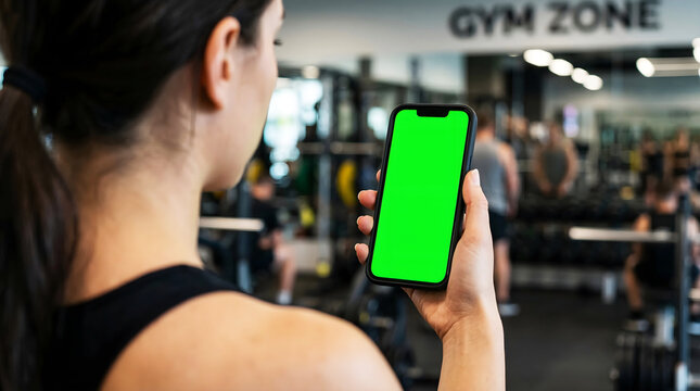 Hand holding mobile smartphone green screen mockup in fitness gym center for training app
