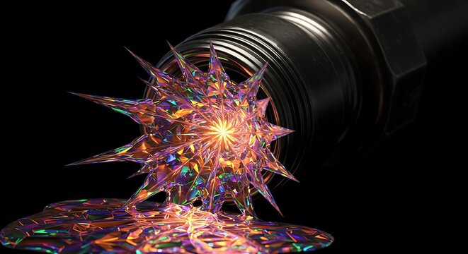 Abstract composition with crystalline form and industrial element on black background