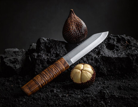 Exotic salak snake fruit with a rustic knife on dark volcanic rocks. This cinematic, highcontrast still life highlights texture and mystery, perfect for gourmet and travel designs.