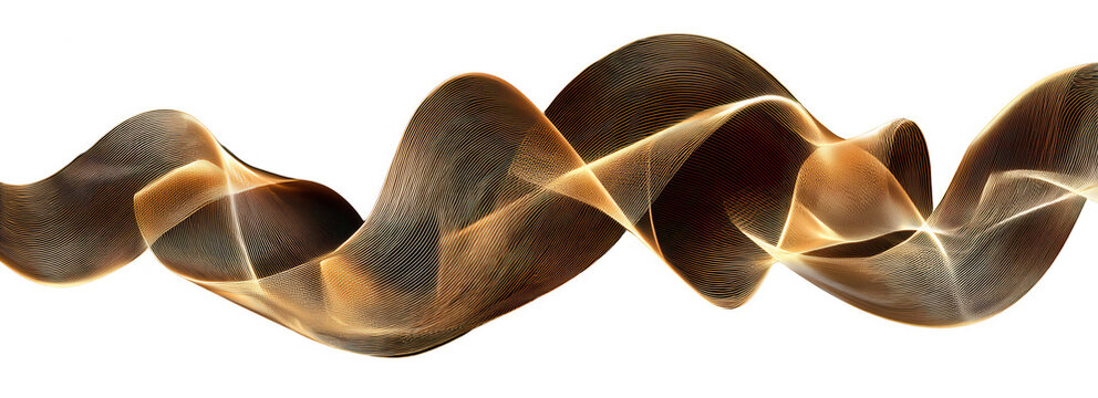 순수한 흰색 배경 위에서 금빛과 어두운 갈색 톤이 섬세하게 그라데이션을 이루며 빛나는 추상적인 물결 모양의 선들이 유려하게 흐르는 역동적이고 우아한 현대적 그래픽 아트.