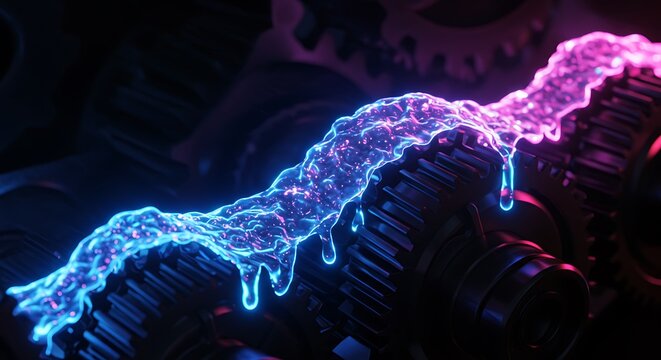 Abstract glowing fluid texture over gears in dark environment