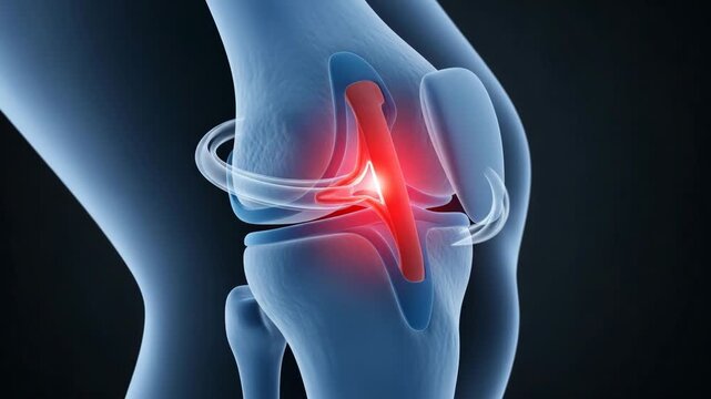 Close up of human knee joint with red glow indicating ligament pain