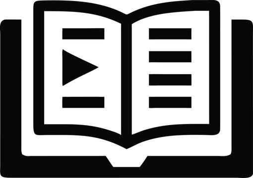 Black open book with play button on white background