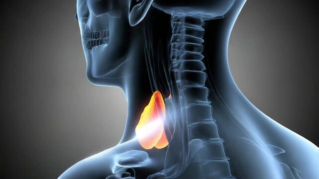 Medical illustration of human thyroid gland location highlighted in glowing orange