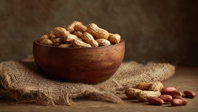 Still life of peanuts in a wooden bowl on burlap.