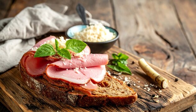 Delicious Open-Faced Sandwich with Ham, Herbs, and Cottage Cheese.