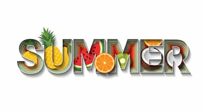 Stylized 3D layered text spelling "SUMMER" with tropical fruits like pineapple, watermelon, and orange integrated into each letter, set against a white background.