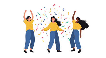 Fototapeta premium Happy group of three joyful women dancing and celebrating with colorful confetti raining down on white background.