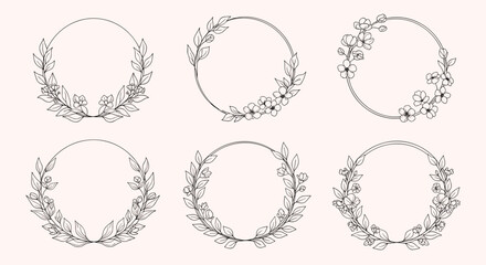 Obraz premium Six elegant circular wreath designs made from hand-drawn black ink sketches of flowers and leaves for invitations and cards.