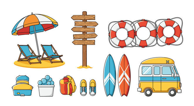 Set of summer beach vacation essentials including umbrellas, lounge chairs, surfboards, suitcases, van, lifebuoys, and wooden signs.