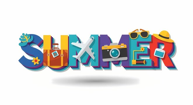 A colorful and creative illustration spelling out "SUMMER" with various travel and vacation icons embedded in each letter, set against a white background.