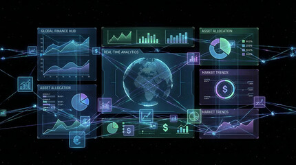 Obraz premium Futuristic digital dashboard with graphs charts and globe on black background representing data analysis and business intelligence