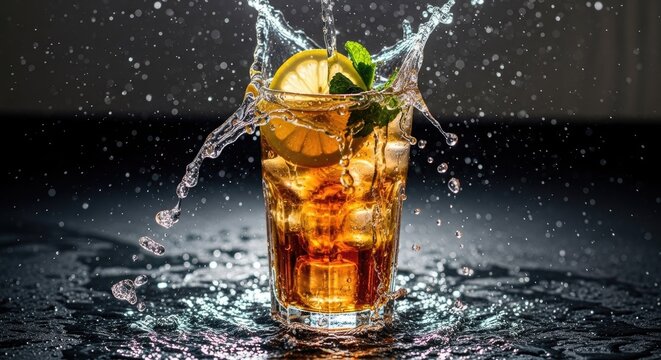 Refreshing beverage with lemon and mint creates a splash against dark background