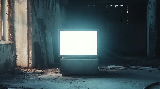 Old television screen glows brightly in a dark abandoned room.