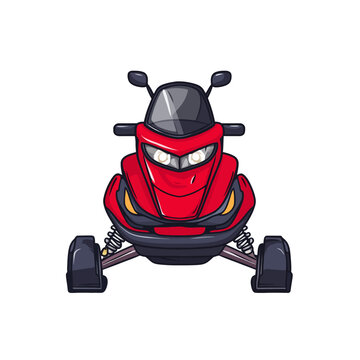 A frontal illustration of a red, black, and gray snow vehicle with headlights and mirrors