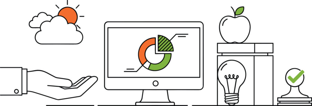 Business growth concept with analytics chart on computer, hand support, light bulb idea, books and apple, modern line vector illustration for education and success