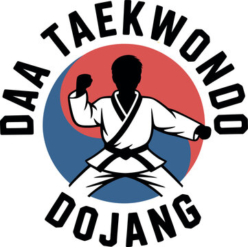 Martial arts taekwondo dojang logo with fighter silhouette and yin yang