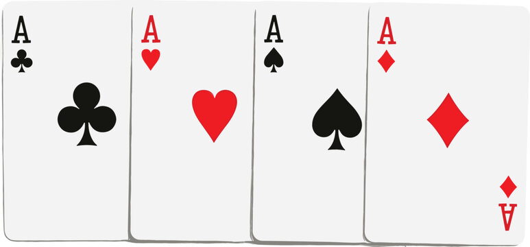 Four aces playing cards set with clubs hearts spades and diamonds, classic casino gambling concept vector illustration for poker game and card design