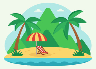 Obraz premium Brightly colored vector illustration of a tropical beach with a red and yellow umbrella, a lounge chair, palm trees, and green mountains.