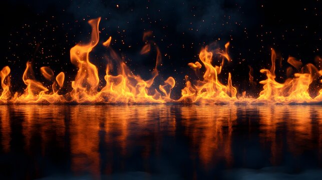 Bright orange flames dance above a reflective dark surface against a black background.