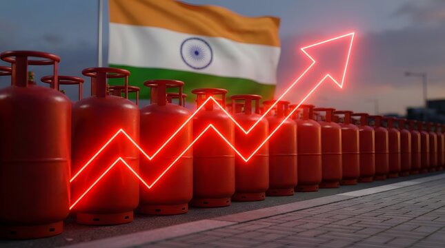 LPG gas cylinders with Indian flag and rising graph showing fuel price increase energy inflation and growing household cost in India