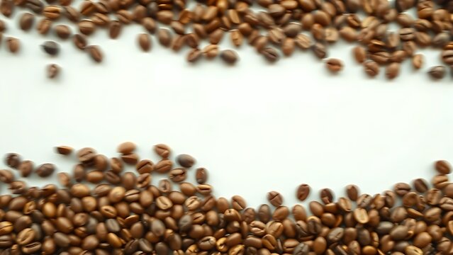 corretto. Aerial view of coffee beans in a dynamic horizontal arrangement with a soft blurred background. menu design, packaging mockups, designed for culinary blogs and recipe cards for restaurants.
