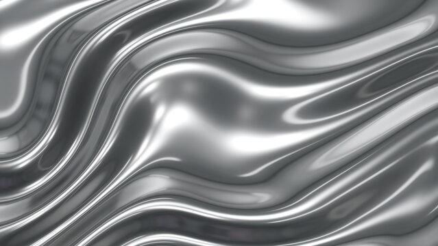Silver chrome metal background, shiny and lustrous metal pattern texture, silky liquid chrome waves.
