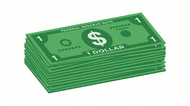 Stack of green one dollar bills on a white background