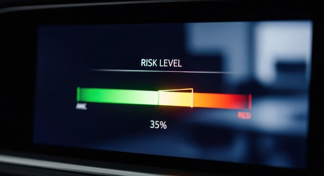 Risk Assessment Display Analyzing Probability Evaluating Level Indicator Gauge Safety Measure Dashboard Visualization Statistical Data Insights Warning System Interface