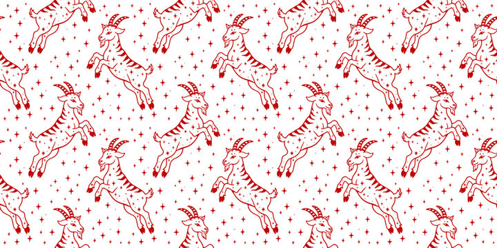 Seamless pattern with goats and stars, red line art design, Chinese New Year 2027 wrapping paper, festive decorative background