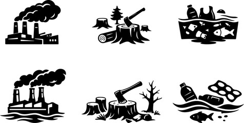 Obraz premium Environmental destruction icon set featuring factory air pollution, deforestation, and plastic ocean waste silhouettes