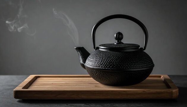 Traditional Cast Iron Teapot Steaming on Wooden Tray.