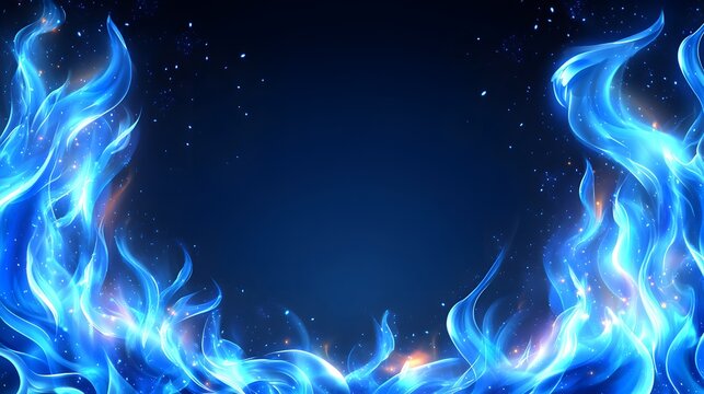 Bright blue flames dance around the dark edges of a space background with glowing sparks.