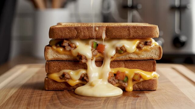 Delicious gooey cheese oozing from a stacked sloppy joe sandwich