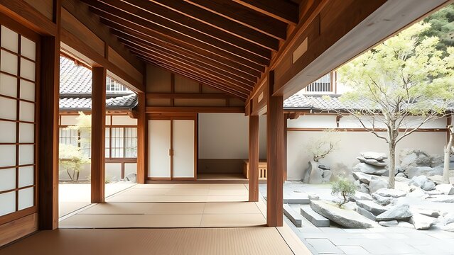 engawa. Traditional Japanese wooden engawa connecting room to stone garden, soft natural light. real-estate listings.
