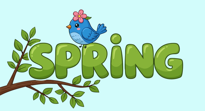 Spring typography vector with cute blue bird, seasonal green bubble lettering on tree branch, cartoon nature illustration for greeting cards